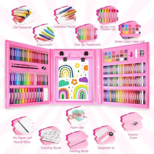 208 PCS Art Supplies Kit for Kids Girls Boys Ages 6-12, Drawing Set with Trifold Easel, Includes Coloring Book, Scissors, Sticker, Origami Paper Crayons, Markers, Colored Pencils, Watercolors - Image 2