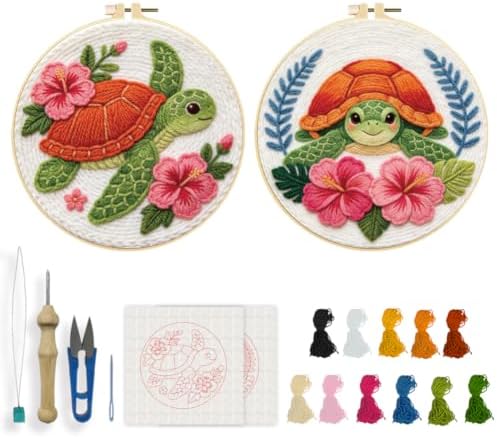 INFUNLY 2PCS Cute Turtle Punch Needle Kit for Beginners Pink Flower Punch Needle Embroidery Starter Kit 8.7×8.7Inch DIY Needlepoint Kits with Turtles Pattern Instruction for Festival Gift Home Decor by INFUNLY