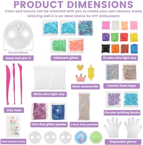 DIY Stress Ball Making Kit, ASMR Anxiety Relief Squishy Maker Set with 9 TPR Skins, 12 Colors Air Dry Clay & Glitters Fillers, Professional Sensory Toy for Adults Office Women Self-Care Gifts - Image 2