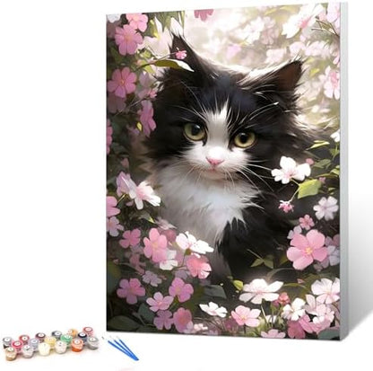 Ginkko Paint by Numbers Kit for Adults Beginner & Kids Ages 8-12 with Wooden Frame Easy Acrylic on Canvas 8x12 inch with Paints and Brushes, Cat Flower (Include Framed) by Ginkko