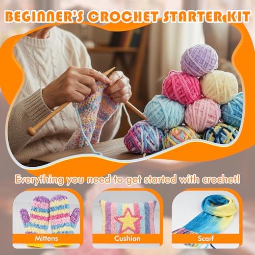Wadukud 36 PCS Chenille Crochet Kit - First Crochet Set for Beginner Include 10 Variegated Super Soft Chenille Cotton Yarn for Crocheting, Crochet Hooks, Instruction, Bag, Crochet Supplies Gift - Image 2