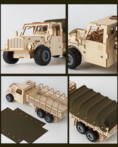 Military Truck 3D Wooden Puzzles for Adults to Build, DIY Assembly Building Toys with Pull Back Action, 118pcs Car Model Building Kits with Removable Cover, Creative Gift for Teens and Men - Image 4