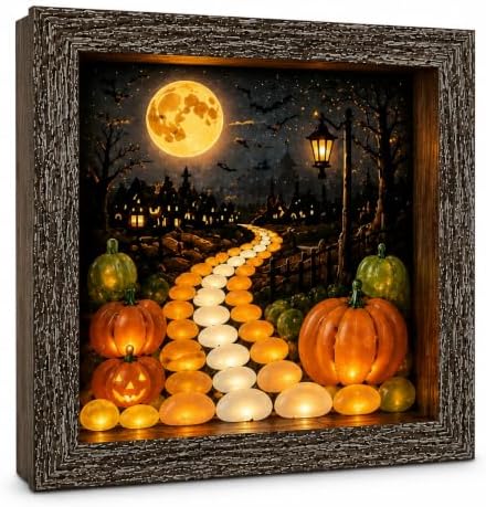 DIY Halloween Shadow Box Night Light Kit, 8.5 Inch Wooden Frame LED Craft Set with Luminous Stones & Acrylic Panels, Create Your Own Spooky Ghost & Pumpkin Scene, Fall Autumn Tabletop Home Decor by Unknown