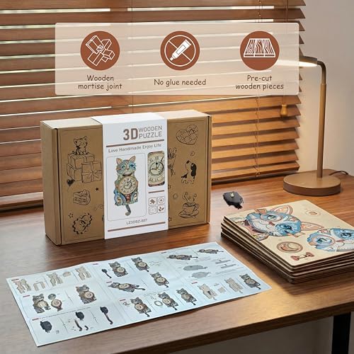 3D Puzzles for Adults Wooden Cat Clock Craft Kits with Pendulum - Image 3