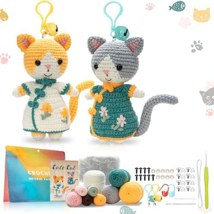 Youkali Crochet Kit for Beginners, Crochet Starter Kit with Step-by-Step Video Tutorials, Easy Beginner Crochet Kit for Adults, Crochet Animals Crafts Crochet Kits, Easy Knitting Kit. (Cat) by Youkali