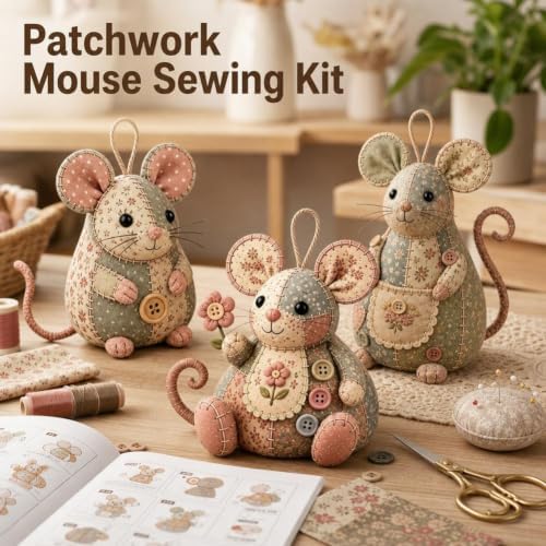 Patchwork Mouse DIY Kit,Handmade Sewing Craft Kit with Pre-Cut Fabric,Stuffing and Buttons,Creative Patchwork Animal Craft Project,Cute Mouse Ornament DIYKit,for Adults,Beginners,Gift for CraftLovers - Image 4