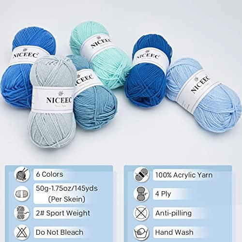 NICEEC 300g Soft Assorted Colors Yarn 100% Acrylic 870yds -Aqua - Image 3