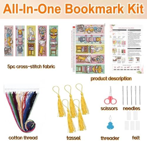 5pc Cat Bookshelf Stamped Cross Stitch Embroidery Kit for Adult Beginners - Image 2