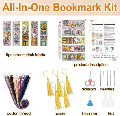 5pc Cat Bookshelf Stamped Cross Stitch Embroidery Kit for Adult Beginners - Image 2