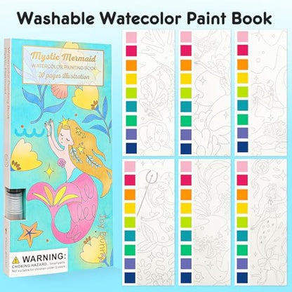 ROOCHKD Watercolor Painting Coloring Books Pocket Watercolor Paint Bookmarks, Mess Free Paint with Water Set, Travel Class Activities Art Party Favors Exchange Birthday Gifts for Kids (Mystic meraid) - Image 2