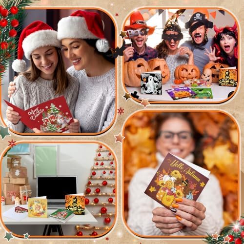 Saillong 12 Pack Fall Diamond Painting Greeting Cards Kits DIY Holiday Diamond Art Cards with Envelopes Halloween Christmas 5D Rhinestones Painting Making Kit for Adult DIY Crafts Party Favors Gifts - Image 5