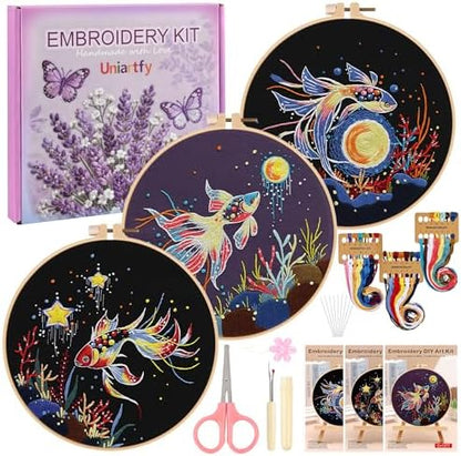 Uniartfy 3 Sets Hand Embroidery Starter Kits for Beginners Adults, Goldfish Stamped Cross Stitch Kit, DIY Needlepoint Kit with Cloth, Hoop,Threads and Instruction, Easy to Learn Embroidery Starter Kit by Uniartfy