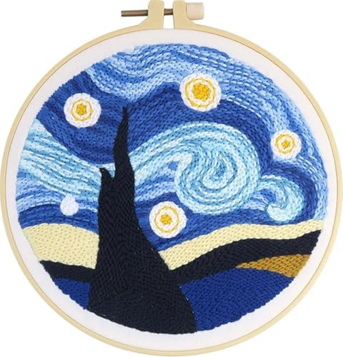 RUIQLXHANG Punch Needle Kits for Beginners, Cute Cartoon Highland Cow with Daisy Flower, Punch Needle Starter Craft Set with 20cm Hoop, Perfect for Festival Gift and Decoration (Starry Sky) by RUIQLXHANG