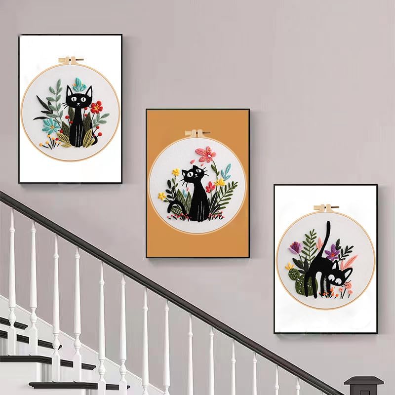 Konrisa 3pcs Embroidery Kits for Beginners Creative Black Cat and Flower Pattern Cross Stitch Practice Kit DIY Sewing Needlepoint, Include 1pcs Hoop - Image 2