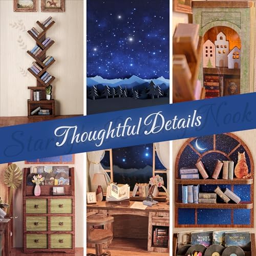 DolphinIsle Book Nook Kits for Adults, DIY Booknook Bookshelf Decor 3D Wooden Puzzle Starlight Reading Nook with Twinkling Starry Sky - Image 2