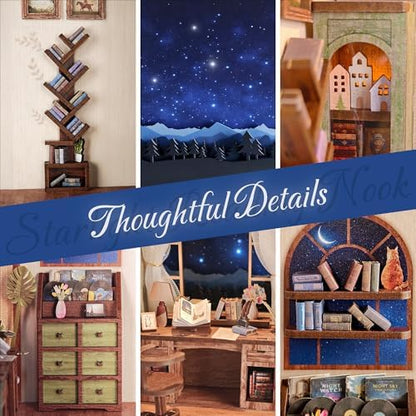 DolphinIsle Book Nook Kits for Adults, DIY Booknook Bookshelf Decor 3D Wooden Puzzle Starlight Reading Nook with Twinkling Starry Sky - Image 2