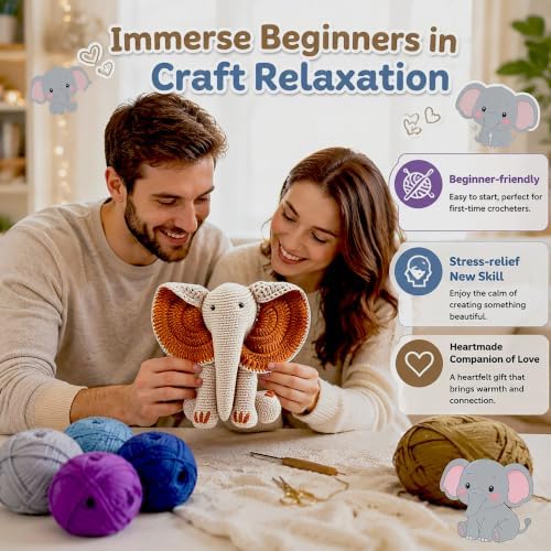 JYZJDKE Crochet Kit for Beginners Adults - DIY Amigurumi Elephant Knitting Starter Kit with Yarn Sets, Crochet Animal Kit Cute Stuffed Animal Craft Birthday Gifts (Beige White+Tiffany Green Elephant) - Image 2