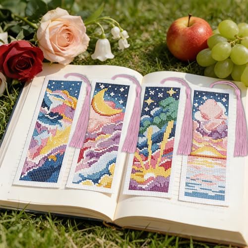 ACRNIGHEET 6PCS Cross Stitch Bookmark Kit for Beginner Colorful Clouds Stamped Cross Stitch Kits Needlepoint Kit for Adults DIY Tassel Embroidery Bookmark Kits & Instructions Craft Gift 8.5"x3" 11CT - Image 5
