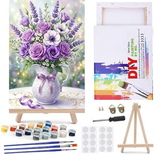 MaiMMaledy Paint by Numbers Kit 8Lx12W inch for Adults Beginners Canvas Pictures with Framed Drawing Painting Acrylic Pigment with Wooden Triangle Easel Purple Bouquet by MaiMMaledy
