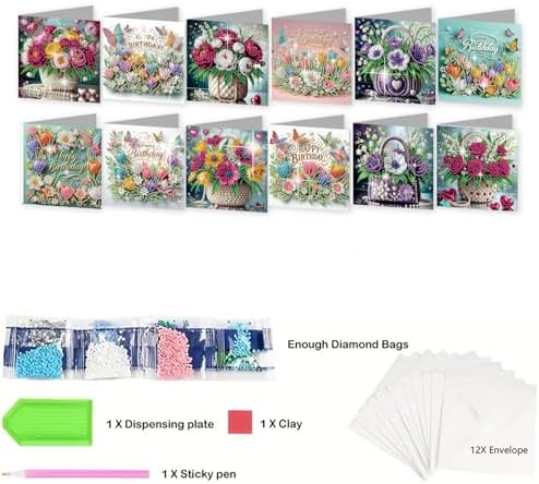 jinglinhh 12pcs Diamond Art Painting Flower Bouquet Handbag Greeting Cards with Envelopes, DIY Card Making Kits for Adults, Diamond Art Postcards Christmas Cards Craft Gifts - Image 3