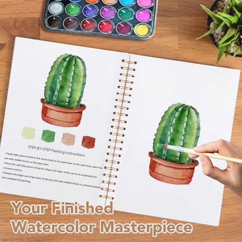 Easy Watercolor Workbook for Beginners - 12 Beautiful Step-by-Step Paintings Water Coloring Book, Includes 18 Colors Paints, Relaxing Art Projects and Creative Gift for Adults & Teen (Succulents) - Image 6