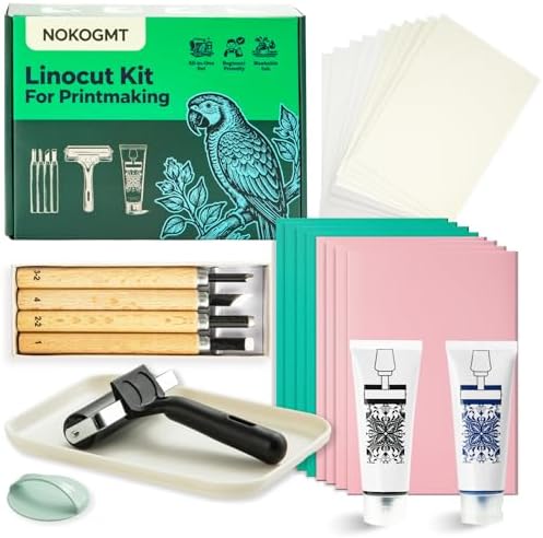 47 Pcs Linocut Kit for Printmaking, Block Printing Kit with 2 Washable Inks (Black & Blue), 4 Rubber & 4 PVC Blocks, Premium Rubber Brayer, Linocut Carving Tools - Stamp Making Kit for Beginners by Unknown