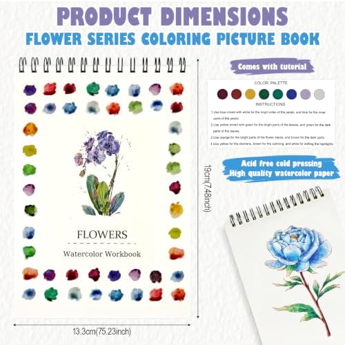 Watercolor Workbook, Water Coloring Book with 13 Pages, Flower Theme Painting Practice Book with Pre-Drawn Outline Pages, Floral Coloring Book for Adults, Beginners & Art Lovers - Image 2