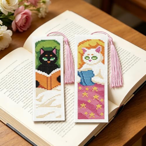 ACRNIGHEET 6PCS Cross Stitch Bookmark Kit for Beginner Stamped Cross Stitch Kits for Adults Cute Reading Cat DIY Tassel Embroidery Bookmark Kits Needlepoint Kit with Instructions Gift 8.5''x3'' 11CT - Image 6
