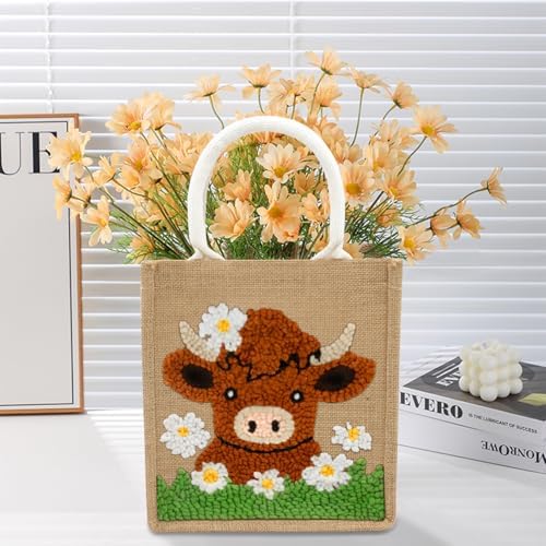 PUNICA Punch Needle Kits for Beginners with Highland Cow Pattern - Burlap Tote Bag for Adults & Kids, DIY Embroidery Starter Kit | Easy Craft Gifts (9x6.5x8.5 Inch) - Image 2