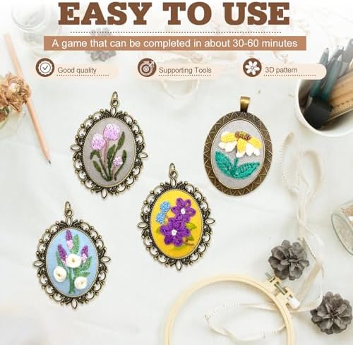 ZOCONE New 4 Packs Embroidery Necklace Kits, Embroidery Pendant Kit Mini Cross Stitch Kit with Hoop, Necklace, Pendant, Stamped Pattern Cloth, Instructions, etc., Embroidery Kits for Adults - Image 5