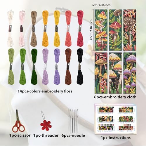 ORIGACH 6 Set Mushroom Plants Cross Stitch Bookmark Kit for Beginner - Image 2