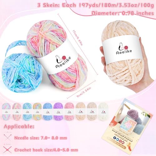 Aeelike 3 Pack Chenille Yarn,Soft Polyester,Each 100g/10.5oz 197yds,Pink - Image 2