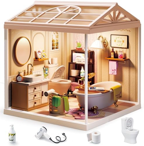 1:24 Scale Tiny House Bathroom DIY Miniature House Kit with Roof & LED Light, Realistic Miniature Kit with Bathtub, Sink & DIY Accessories, Cute Tiny Home Decor for Adults Teens by Unknown
