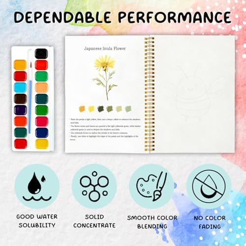 12 Wildflower Patterns Watercolor Set, Painting Book for Beginners, Stress Relief Art Gift for Women and Adults, Relaxing DIY Workbook, Boho Nature Lover Kit - Image 3