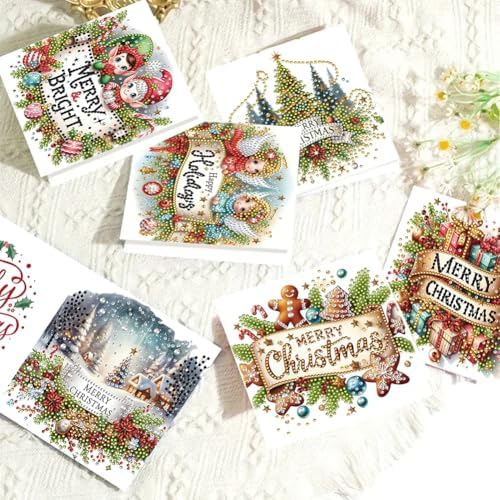 jinglinhh 6pcs Diamond Art Painting Merry Christmas Angel Gifts Tree Greeting Cards with Envelopes, DIY Card Making Kits for Adults, Diamond Art Postcards Christmas Cards Craft Gifts - Image 6