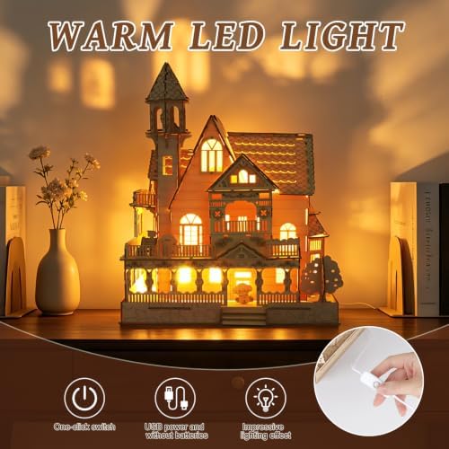 3D Wooden Puzzle for Adult, DIY Countryside Cottage Model Kit w/Spark Light - Image 4