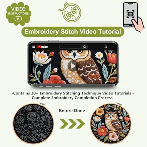 Santune Embroidery Kit for Beginners Needlepoint Cross Stitch Kits Adult Needle Point Sets with Owl Embroidery Patterns, Includes Step-By-Step Instructions and Accessories - Image 3