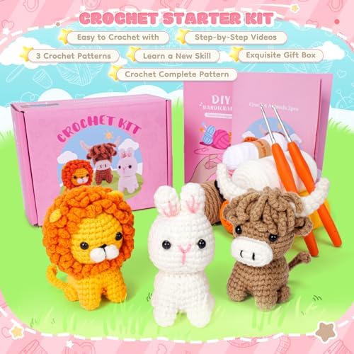 Fortuning's JDS Crochet Kit for Beginners, Amigurumi Crochet Animal Kits, Crocheting Kit for Starters Adult with Step-by-Step Video Tutorials, Animal Kits with Highland Cow, Lion, Bunny - Image 6
