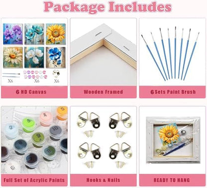 SYDYLH 6 Pack Paint by Numbers Kit for Adults/Kids, Easy Framed Adults Paint by Numbers Kits, DIY Simple Flowers Acrylic Oil Painting Number Kits for Home Wall Decor (8 x 8 Inch) - Image 5