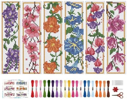 BEUNITONE 6 Pcs Flower Cross Stitch Bookmarks Kit for Adults Beginner DIY Stamped Embroidery Bookmark Kit with Instructions Cute Stamped Embroidery Bookmark for Book Lovers Handmade Gift 8''x2.4'' by BEUNITONE