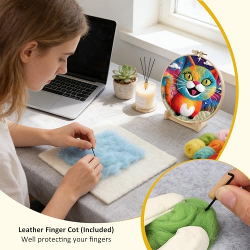 Zovylks Needle Felting Kit for Adults, 7.9 Inch Wool Felt Painting DIY Craft Set for Beginners, Needle Felt Starter Kit with Picture Frame, Foam Pad, Finger Cot (Green Cat) - Image 5