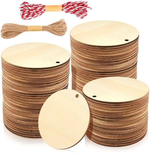 FSWCCK 100 Pcs 3in Wood Circles with Holes & Ropes,Unfinished Discs for DIY by FSWCCK