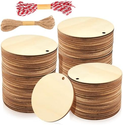 FSWCCK 100 Pcs 3in Wood Circles with Holes & Ropes,Unfinished Discs for DIY by FSWCCK