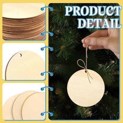 FSWCCK 100 Pcs 3in Wood Circles with Holes & Ropes,Unfinished Discs for DIY - Image 6