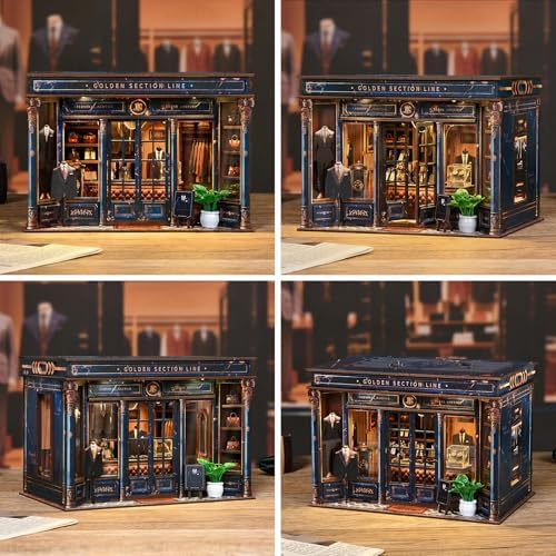 Book Nook Kit for Adults, Teens and Beginners, DIY Miniature Gentleman’s Clothing Store Bookend with LED Light, Wooden 3D Puzzle Bookshelf Decor, Creative Gift – Golden Section Line - Image 5