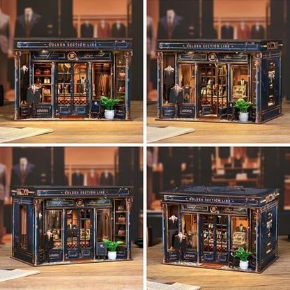 Book Nook Kit for Adults, Teens and Beginners, DIY Miniature Gentleman’s Clothing Store Bookend with LED Light, Wooden 3D Puzzle Bookshelf Decor, Creative Gift – Golden Section Line - Image 5
