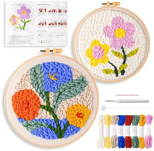 Fvbber Punch Needle Kits Adults Beginner, 2 Pcs DIY Easy Flower Embroidery Set with Patterns, Tools, Yarns, Hoop, Instruction for Home Decor, Craft Gift (Flower 1 by Unknown