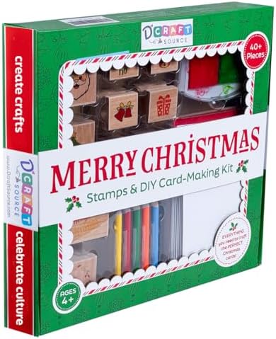 48 Piece Merry Christmas Craft Kit Wooden Stamp Set with Ink Pads Colored Pencils Stickers Cards Envelopes DIY Holiday Card Making Set for Kids Adults Classrooms Festive Family Fun - Image 2