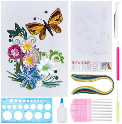 WEBEEDY DIY Butterfly Flower Paper Quilling Kit for Adults Beginner Animal Theme Quilling Paper Painting Kit with Paper Quilling Strips Tools and Instruction DIY Wall Decor(A4,21x29.7cm/8.3x11.7 inch) by WEBEEDY