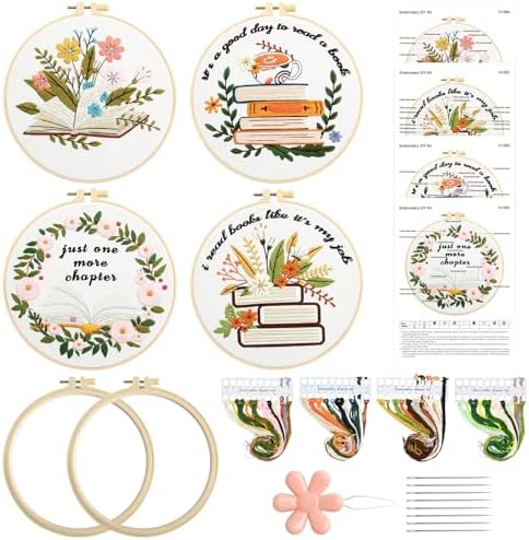 ElasignShopo 4 Set Embroidery Kit for Beginners Adults Book Lovers Embroidery Starter Kit Books Flowers Pattern Hand Crewel Cross Stitch Kits Includes Instruction 2 Hoops Color Threads Needles by Elasign